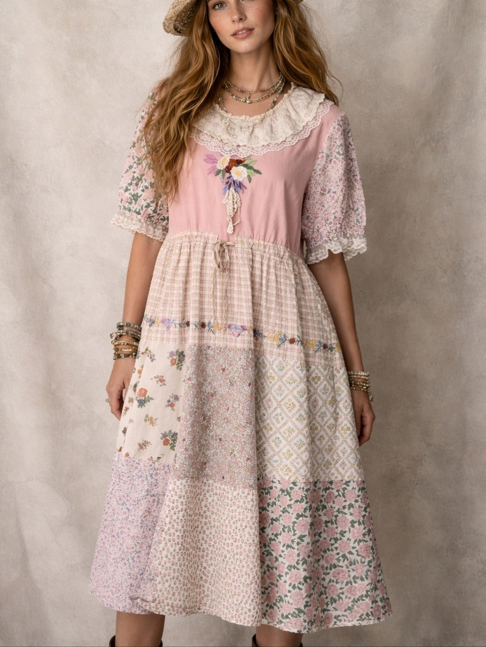 Boho Embroidered Floral Patchwork Midi Summer Dress Cottagecore Romantic